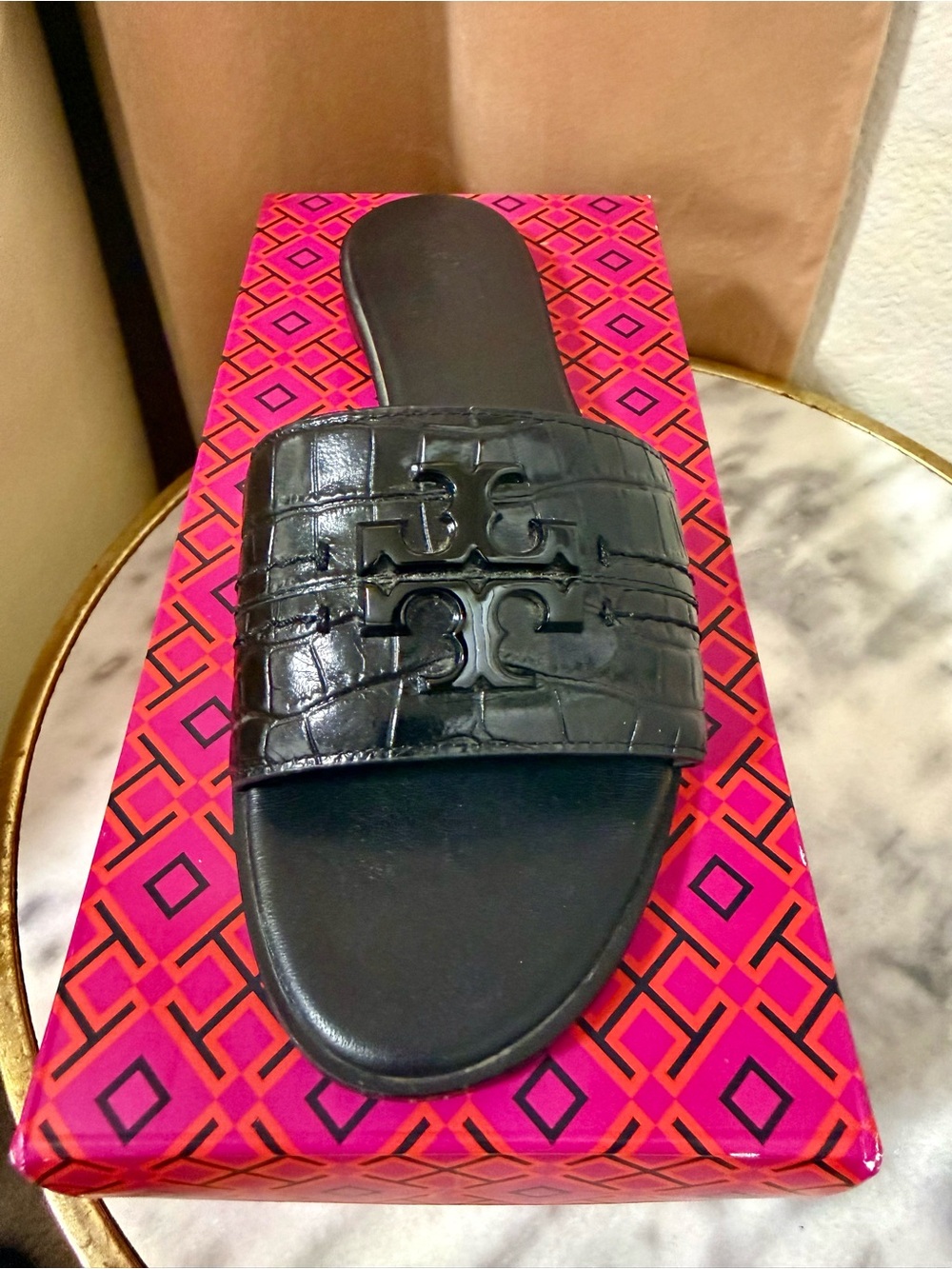 Tory Burch Perfect Black Croc-Embossed Slide Sandal